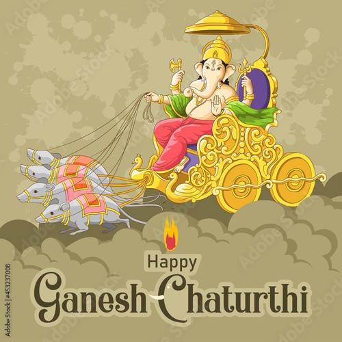 Ganesh Chaturthi greetings with Ganesh riding mouse chariot over clouds