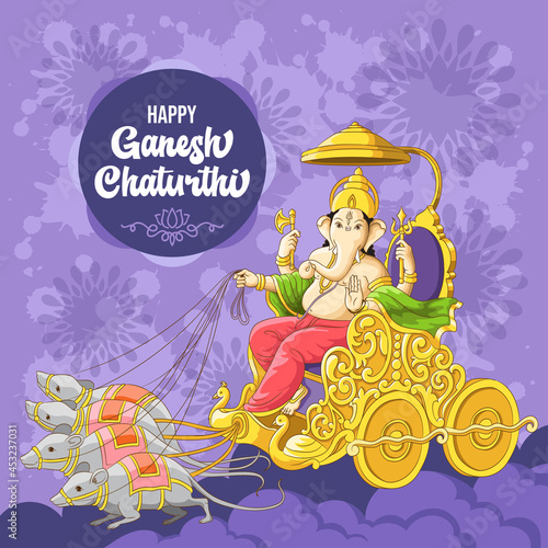 Ganesh Chaturthi greetings with Ganesh riding mouse chariot