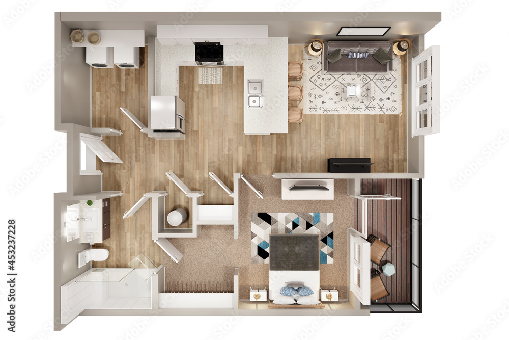 1bhk 3D floor plan 3d modelling render concept . Stock Illustration ...