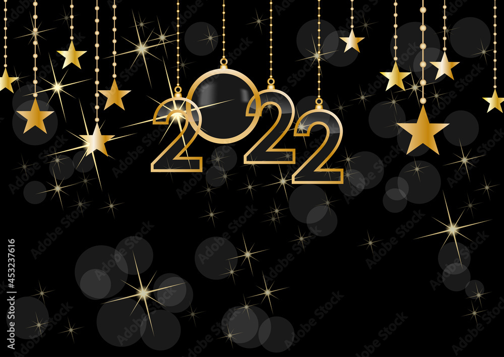2022 Happy New Year celebrate card with holiday greetings, vector golden hanging text, black background