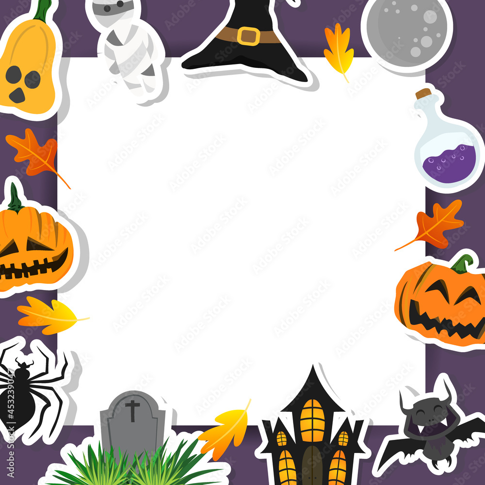 Halloween Background with Flat Icons and Square Frame ,for content online or banner for your website and template, Simple cartoon flat style ,  illustration Vector EPS 10