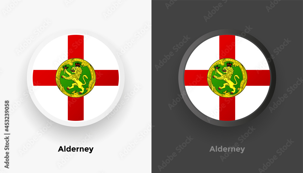 Set of two Alderney flag buttons in black and white background. Abstract shiny metallic rounded buttons with national country flag Set of two Alderney flag buttons in black and white background. Abstract shiny metallic rounded buttons with national country flag