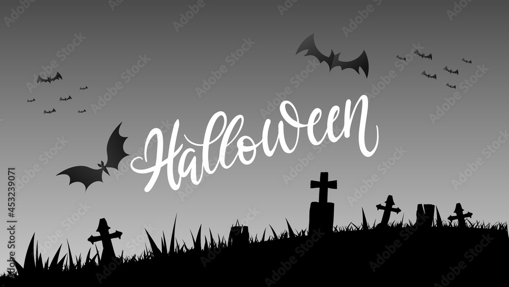Halloween hand written calligraphy on in the cemetery background in Halloween day ,for content online or banner for your website and template, Simple cartoon flat style ,  illustration Vector EPS 10