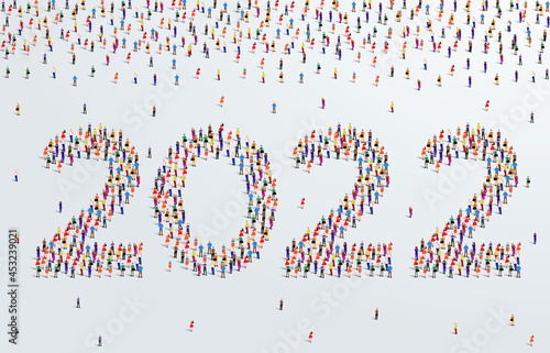2022 happy new year greeting card design. A large group of people form to create the year number 2022 or twenty twenty two