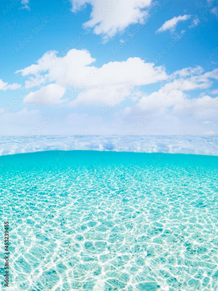 (Selective focus) Stunning view of half underwater sea and half blue sky. La Maddalena Archipelago, Sardinia, Italy. Concept, split, fifty fifty, natural background with copy space. (Selective focus) Stunning view of half underwater sea and half blue sky. La Maddalena Archipelago, Sardinia, Italy. Concept, split, fifty fifty, natural background with copy space.