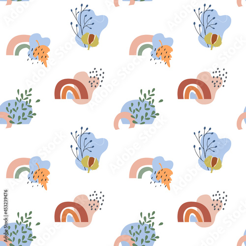 Boho art aesthetic seamless pattern with autumn arrangements of forest branches and twigs with berries. Repeatable background with rainbow and abstract shapes and line. Flat style vector illustration.