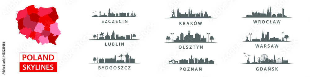 Collection of polish skylines, big cities in Poland, eastern europe, Szczecin, Krakow, Wroclaw, Lublin, Olsztyn, Warsaw, Bydgoszcz, Poznan, Gdansk - obrazy, fototapety, plakaty 