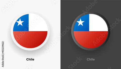Set of two Chile flag buttons in black and white background. Abstract shiny metallic rounded buttons with national country flag