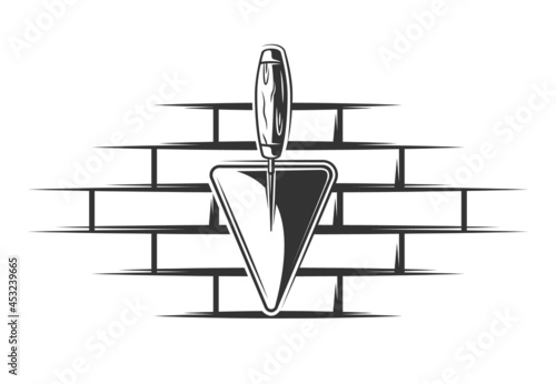 Brick wall and trowel in vintage style isolated on white background. Vector illustration photo