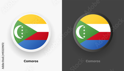 Free Download Set of two Comoros flag buttons in black and white background. Abstract shiny metallic rounded buttons with national country flag - GFXLoad