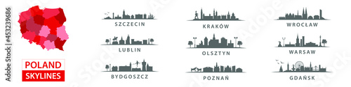 Collection of polish skylines, big cities in Poland, eastern europe, Szczecin, Krakow, Wroclaw, Lublin, Olsztyn, Warsaw, Bydgoszcz, Poznan, Gdansk #453239686