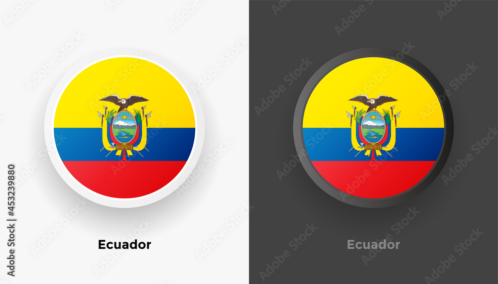 Set of two Ecuador flag buttons in black and white background. Abstract shiny metallic rounded buttons with national country flag Set of two Ecuador flag buttons in black and white background. Abstract shiny metallic rounded buttons with national country flag