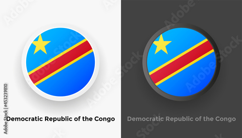 Set of two Democratic Republic of the Congo flag buttons in black and white background. Abstract shiny metallic rounded buttons with national country flag