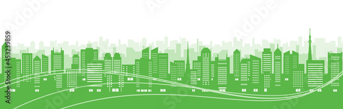 Illustration of urban landscape with skyscrapers  green silhouette 
