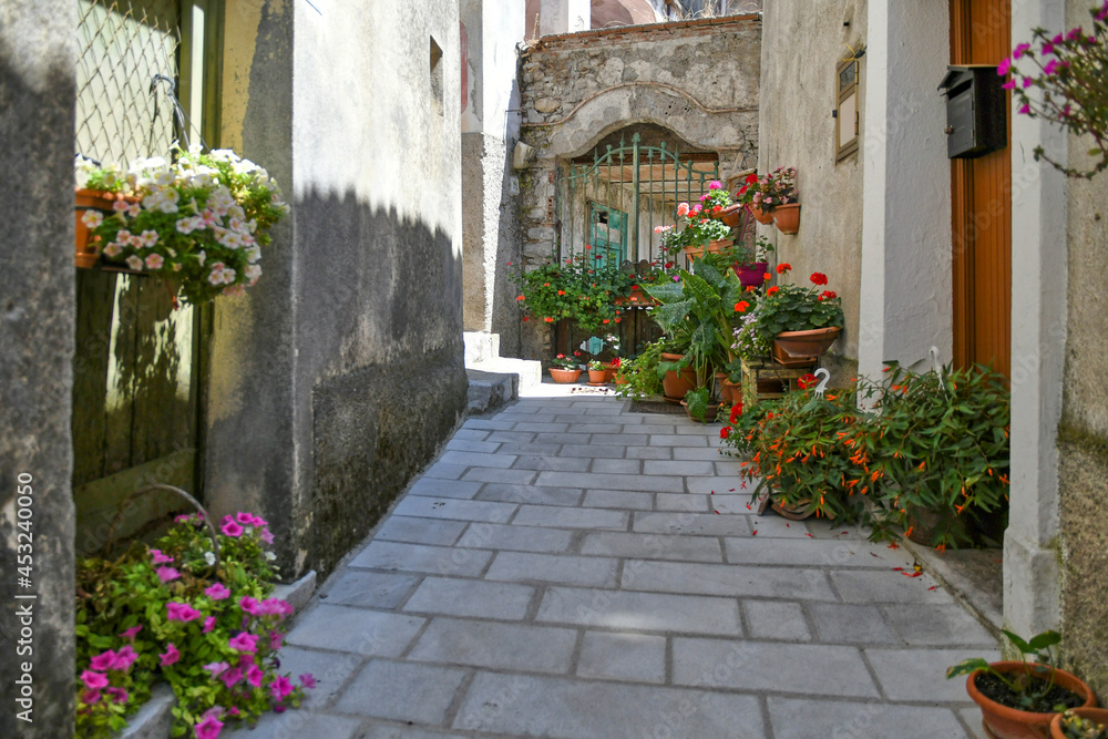 Fototapeta premium A small street between the old houses of Castelluccio Superiore, a small town in the province of Potenza in Basilicata, Italy.