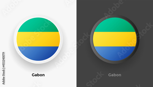 Set of two Gabon flag buttons in black and white background. Abstract shiny metallic rounded buttons with national country flag