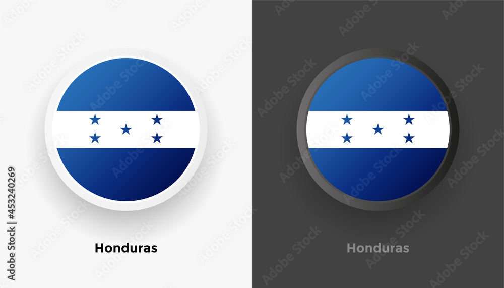 Set of two Honduras flag buttons in black and white background. Abstract shiny metallic rounded buttons with national country flag Set of two Honduras flag buttons in black and white background. Abstract shiny metallic rounded buttons with national country flag