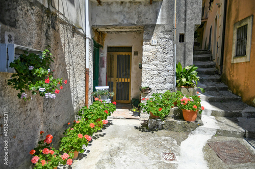 A small street between the old houses of Castelluccio Superiore  a small town in the province of Potenza in Basilicata  Italy.