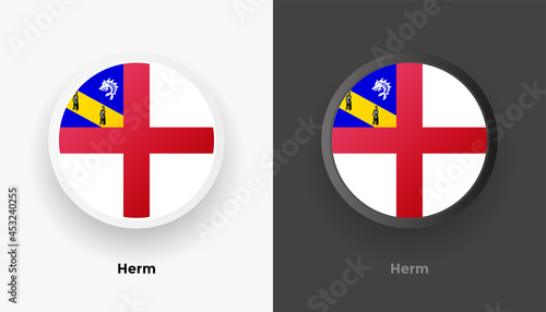 Set of two Herm flag buttons in black and white background. Abstract shiny metallic rounded buttons with national country flag