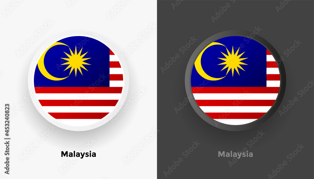 Set of two Malaysia flag buttons in black and white background. Abstract shiny metallic rounded buttons with national country flag Set of two Malaysia flag buttons in black and white background. Abstract shiny metallic rounded buttons with national country flag