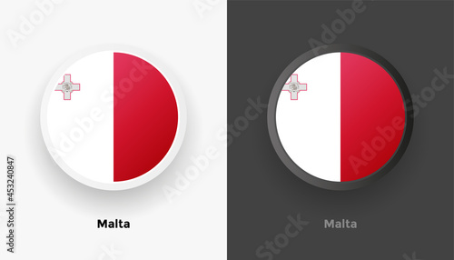 Set of two Malta flag buttons in black and white background. Abstract shiny metallic rounded buttons with national country flag
