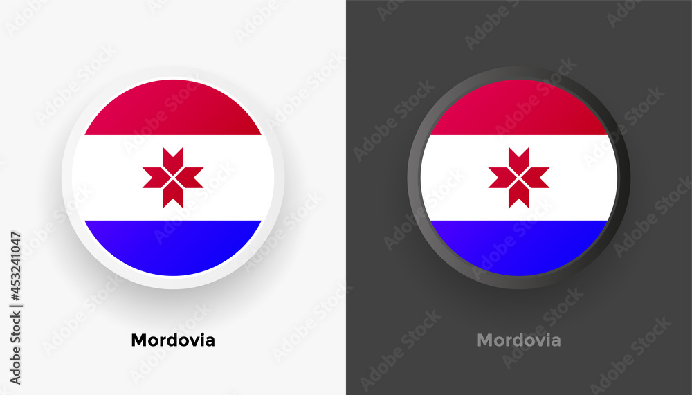Obraz premium Set of two Mordovia flag buttons in black and white background. Abstract shiny metallic rounded buttons with national country flag