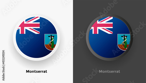 Set of two Montserrat flag buttons in black and white background. Abstract shiny metallic rounded buttons with national country flag