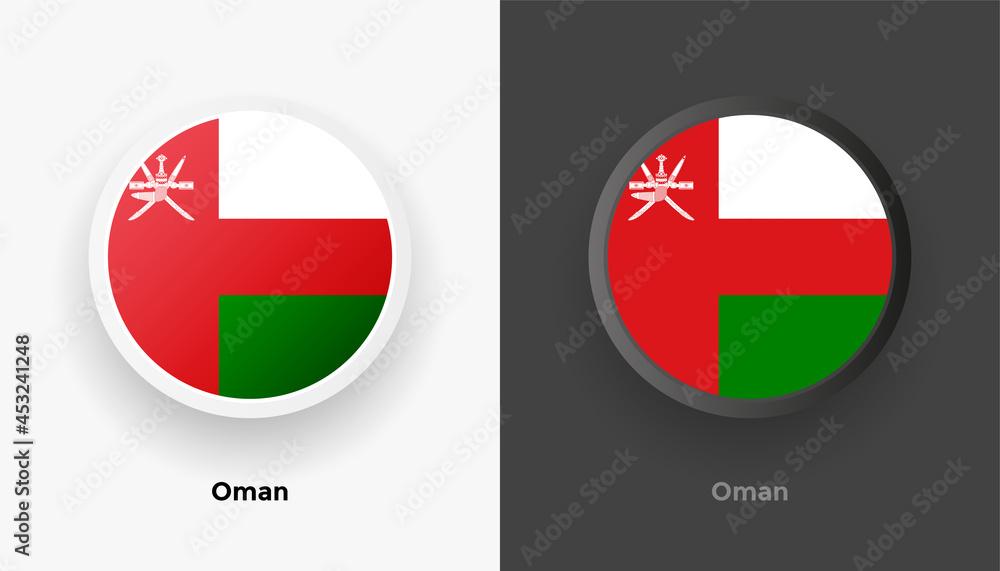 Set of two Oman flag buttons in black and white background. Abstract shiny metallic rounded buttons with national country flag Set of two Oman flag buttons in black and white background. Abstract shiny metallic rounded buttons with national country flag