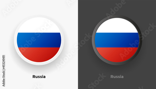 Set of two Russia flag buttons in black and white background. Abstract shiny metallic rounded buttons with national country flag