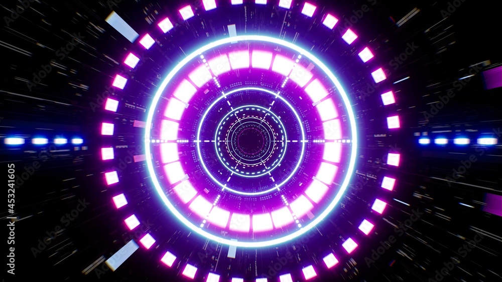 Flying into Neon Circle Light Future Technology Tunnel Flying into Neon Circle Light Future Technology Tunnel