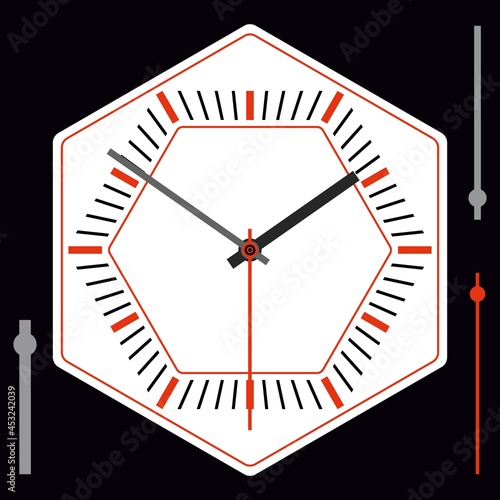 Hexagonal watch dial without numbers. Hour, minute and second hands. Vector illustration