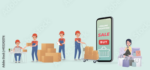 Delivery staff prepare products for customers with smiling faces. Woman shopping online and having products delivered to her home.