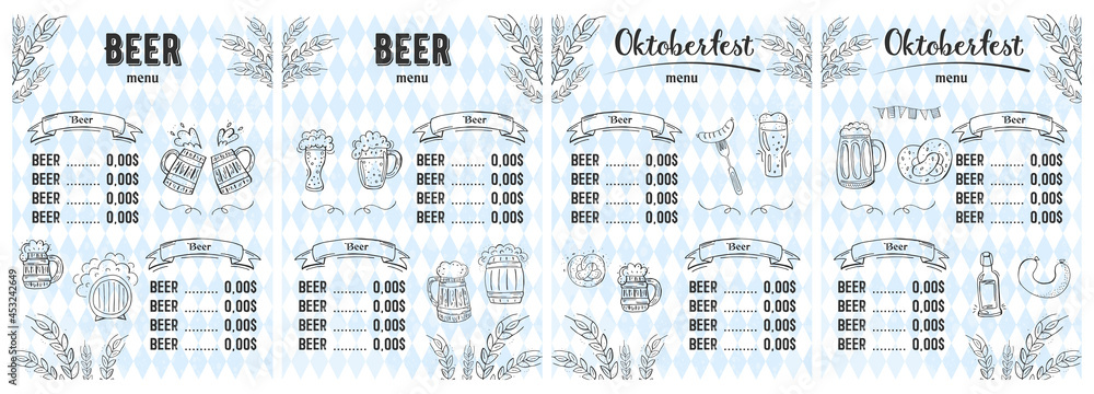 Oktoberfest 2021 - Beer Festival. Hand-drawn Doodle Elements. Blue-white rhombus. Vertical Beer Menu.