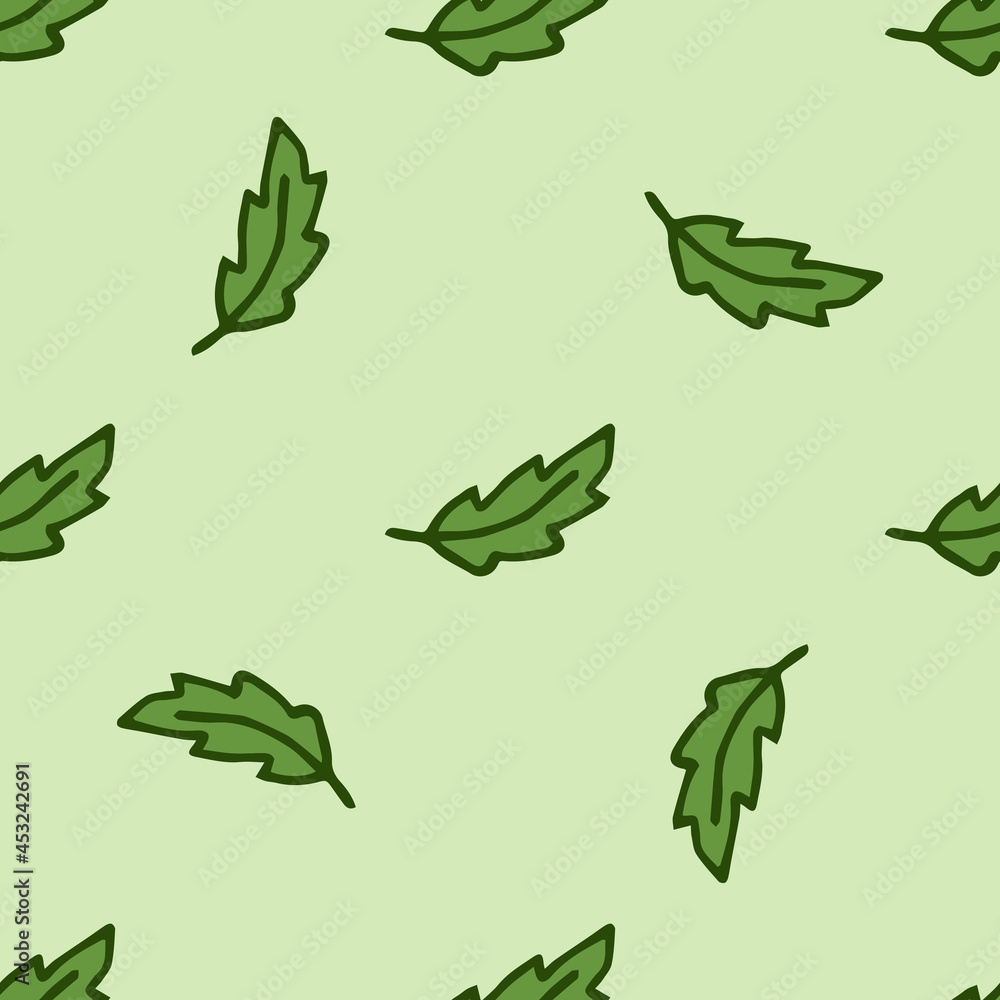 Seamless pattern. Doodle style hand drawn. Nature elements. Green leaves on a green background. Seamless pattern. Doodle style hand drawn. Nature elements. Green leaves on a green background.