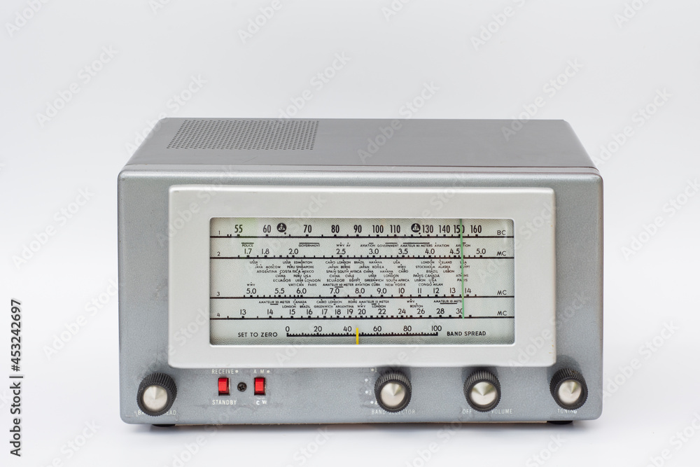 old radio with metal casing where you can listen to shortwave broadcasts from all over the world, all countries and capitals. Selective Focus old radio with metal casing where you can listen to shortwave broadcasts from all over the world, all countries and capitals. Selective Focus