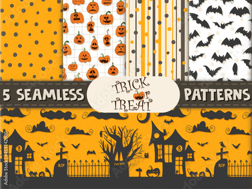 5 seamless patterns. Halloween - October 31. Hand-drawn doodle illustration. Trick or treat. Happy Halloween 2021