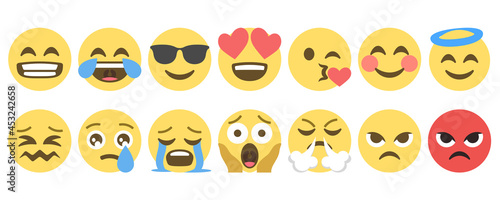 Foto most popular emoji icon set sad, happy, angry, in love, love, wow, cry, crying, smile, smiling, cool, laughing, laugh, kissing , heart, love, angel, face, emoji