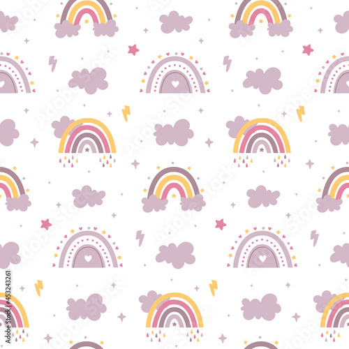 Seamless celestial cute vector pattern with rainbows, clouds, rain, stars, hearts