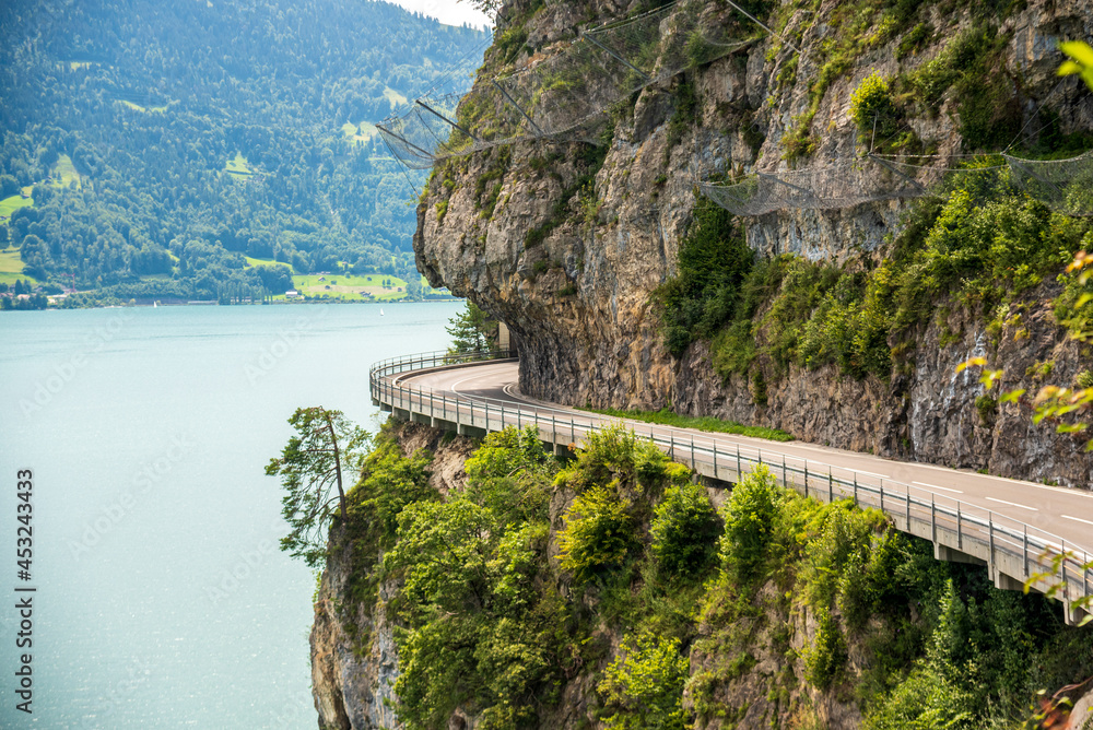 a road on the cliffs alongside the Neuchatel lake in Switzerland