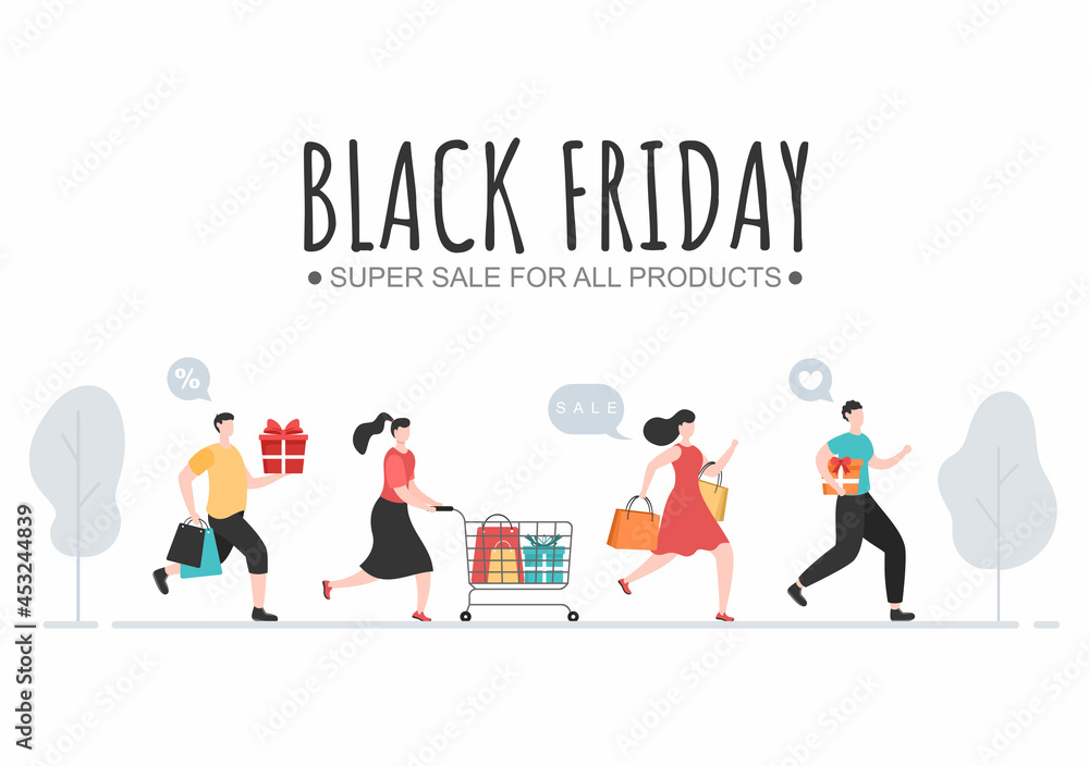 Black Friday Give Big Discount Sale For All Products with Gift Box, Ribbon, Balloon For Poster, Banner, Promotion or Background Vector Illustration