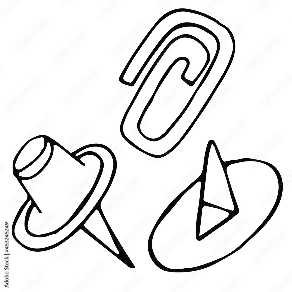 stationery - paper clip, button, doodle style vector illustration with black outline, coloring book stationery - paper clip, button, doodle style vector illustration with black outline, coloring book