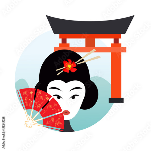 A geisha girl drawn in a vector with a fan. Against the background of a gate without shutters in a Shinto shrine (Torii). Ready-made illustration in a flat style.