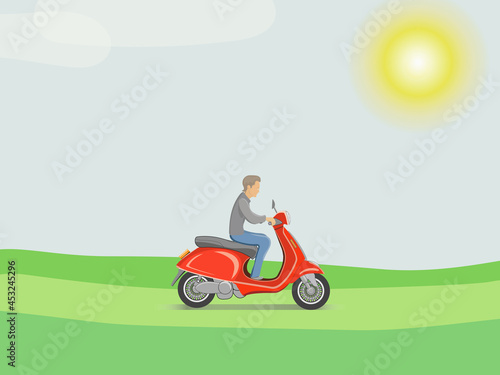 Vector illustration, a man riding a red moped. High detail. Green landscape, the sun is shining. Composition on the topic of travel, transport, adventures, trips.