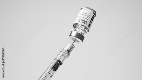 Syringe taking liquid corona vaccine from vaccine vial, 3d rendering