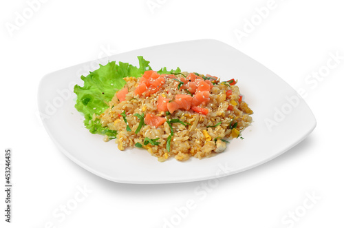 rice with vegetables asian wok food on white plate isolated on white