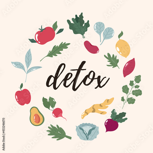 Bright poster with various detox components vegetables, herbs, fruits