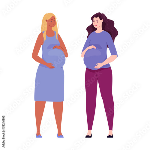 Set of beautiful pregnant women hugging their big bellies. Illustration. Vector in a flat cartoon style.