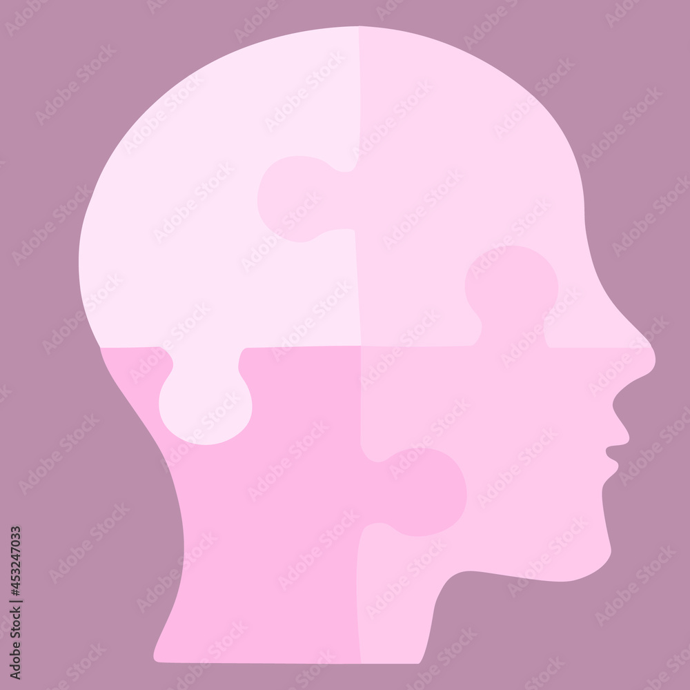 Human head, puzzle icon. Vector illustration, flat design. Colors-blue and pink