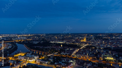 Aerial view of world famous skyline of Regensburg in Bavaria  Germany with cathedral and old town at night