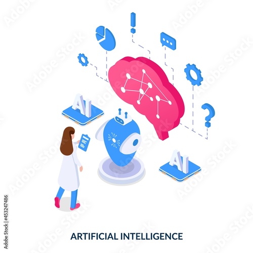 Artificial intelligence development concept. Girl with a tablet for writing in hands stands in front of a robot, processors and a brain icon . Isometric vector illustration on white background.